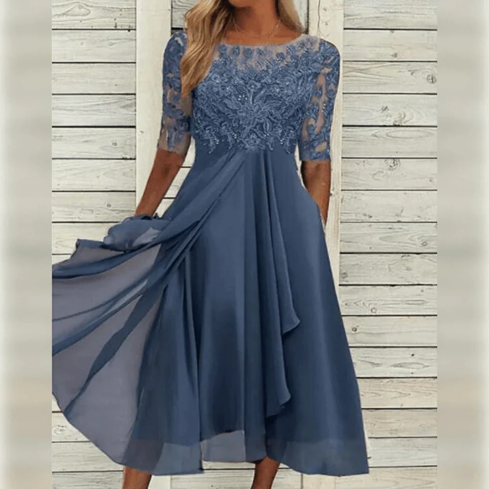 Women's elegant lace bodice chiffon skirt dress in refined silhouette-skimming style for special occasions