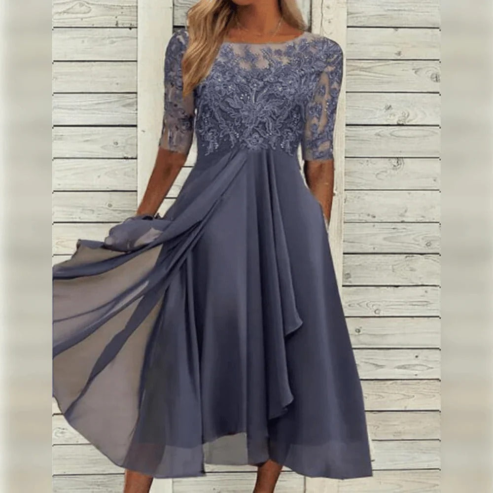 Women's elegant lace bodice chiffon skirt dress in flowing silhouette for special occasions