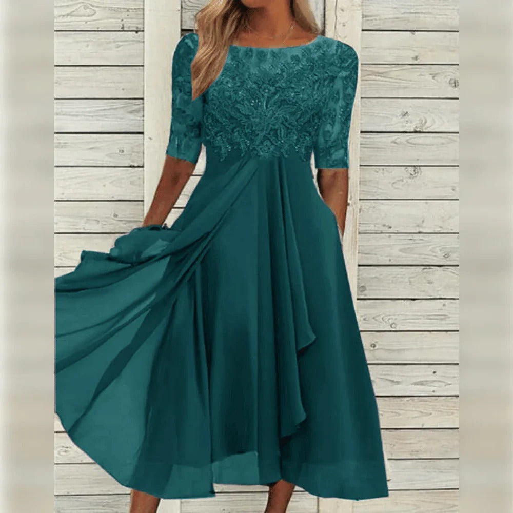 Women's elegant lace bodice chiffon skirt dress in fluid silhouette for special occasions