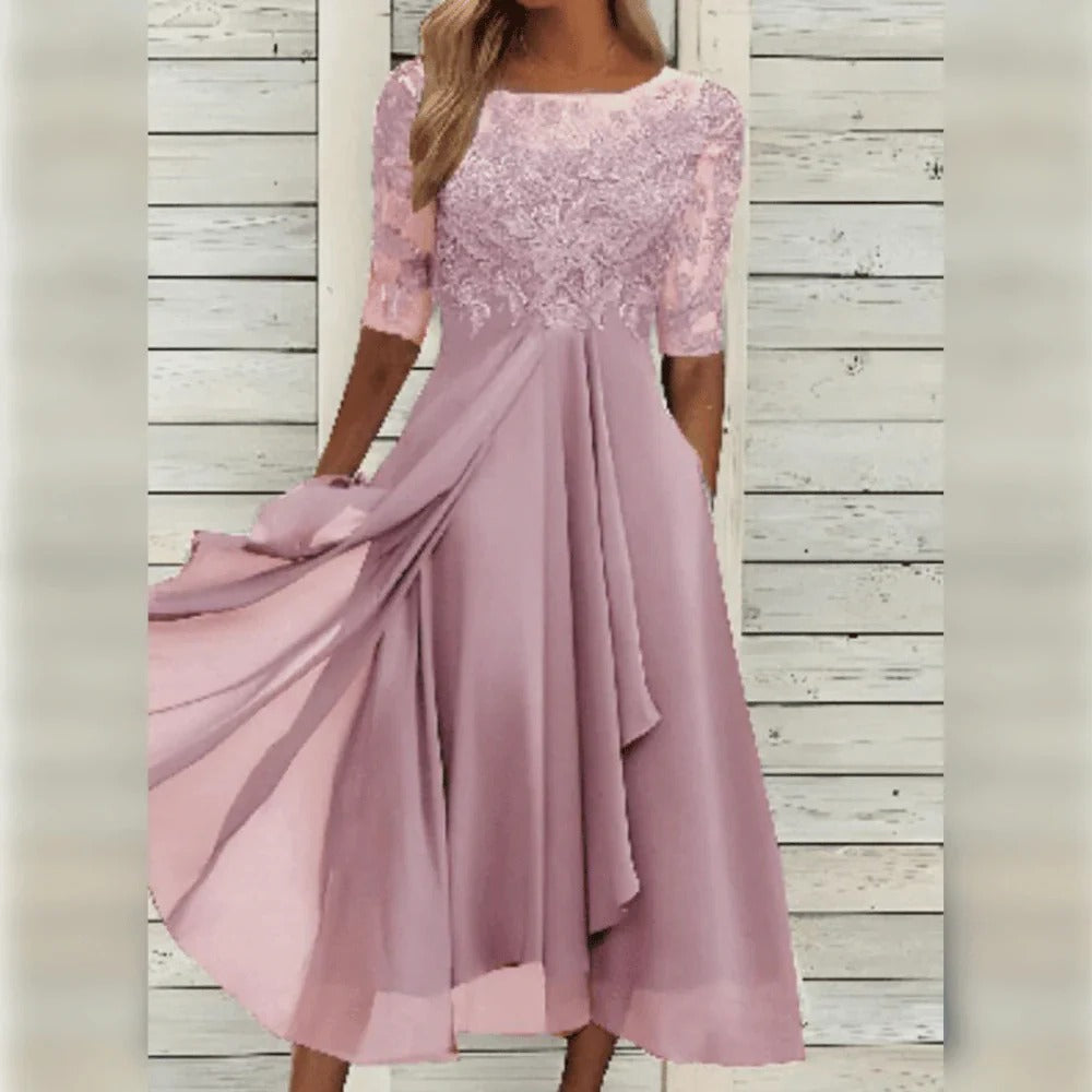 Women's elegant lace bodice chiffon skirt dress in flowing silhouette for special occasions