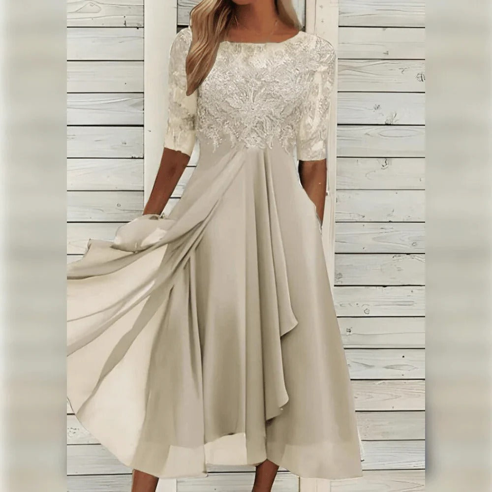 Women's elegant lace bodice chiffon skirt dress in flowing silhouette for special occasions