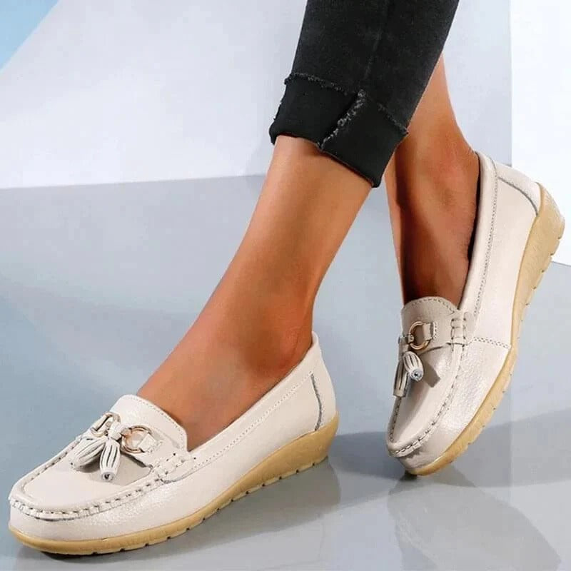 Women's orthopedic leather loafers with ergonomic cushioned insole, timeless professional slip-on style
