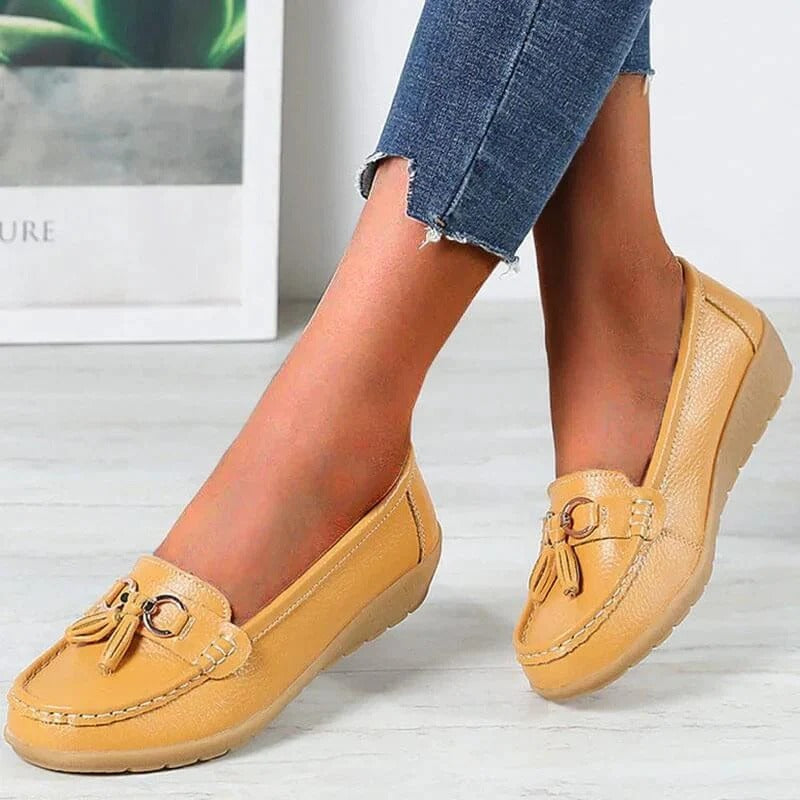 Women's orthopedic leather loafers with ergonomic cushioned insole, timeless professional slip-on style