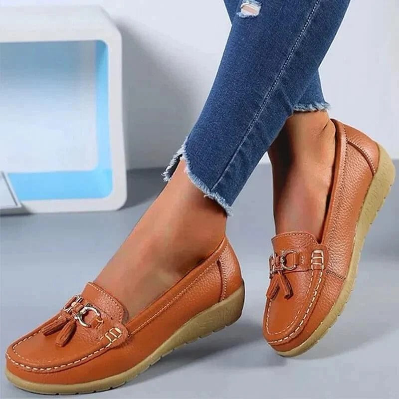 Women's orthopedic leather loafers with ergonomic cushioned insole, timeless professional slip-on style