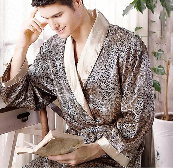 Men's patterned kimono robe relaxed fit lightweight lounge wear elegant understated design