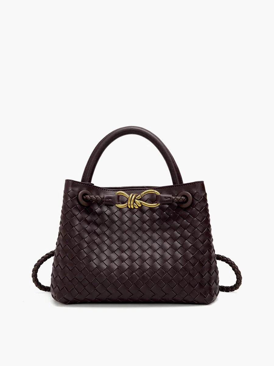 Black structured woven tote bag with dual carry straps and gold knot accent by TrendAura
