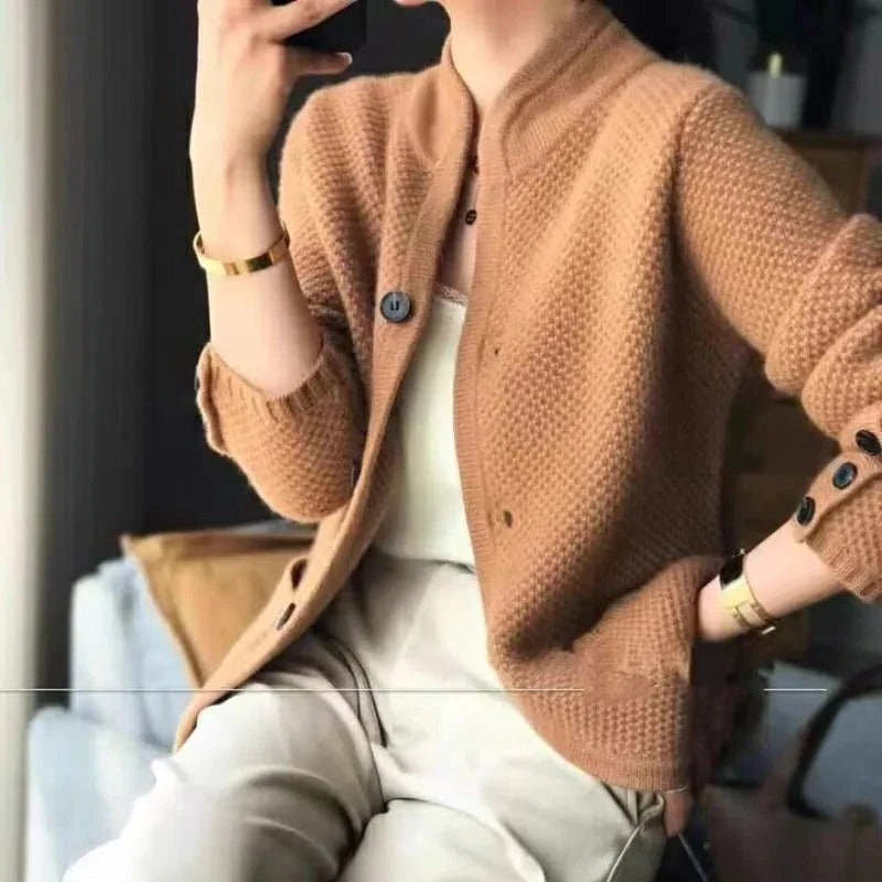 Classic waist-length knit cardigan with front button closure, regular fit for casual and office wear