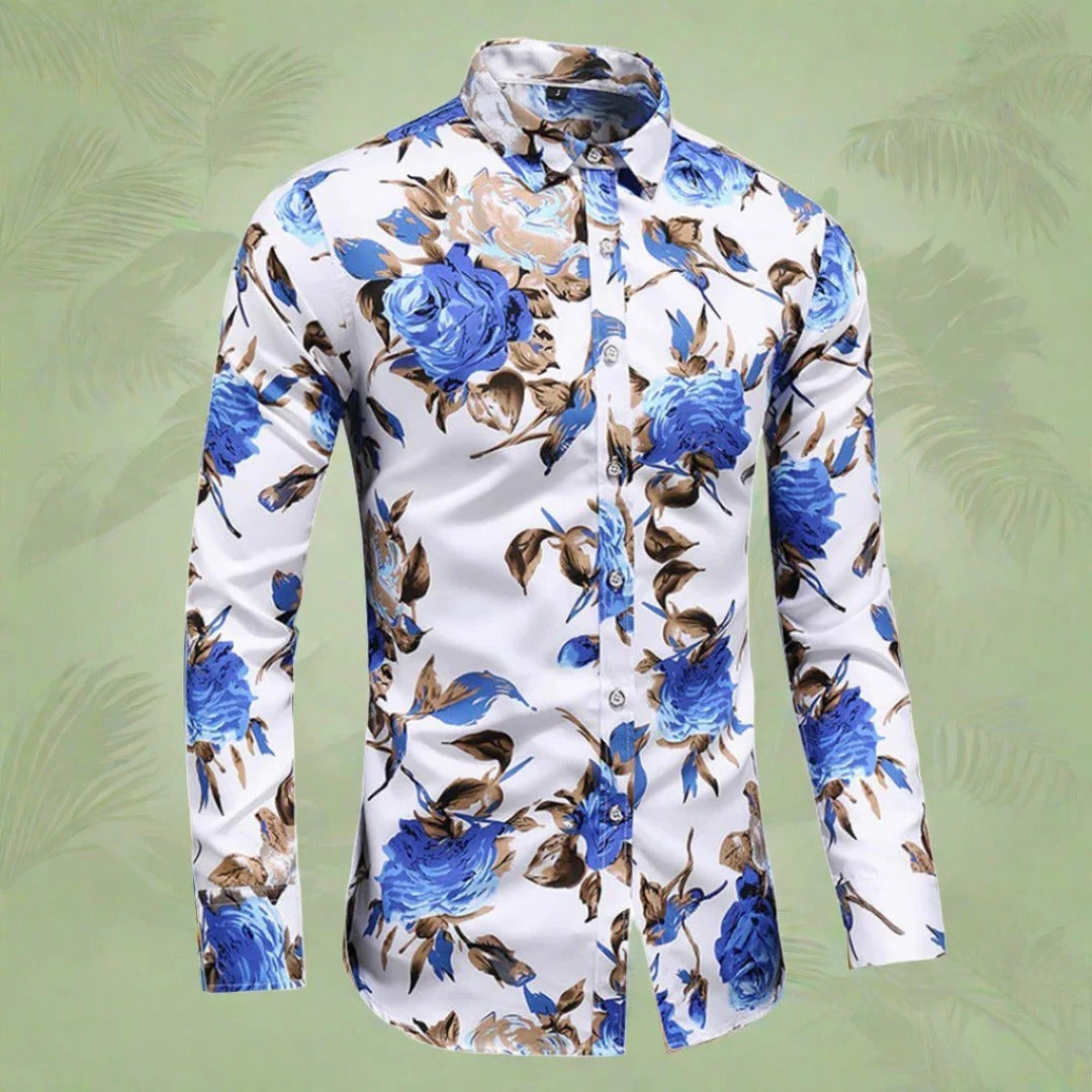 Men's floral long sleeve casual shirt relaxed fit breathable lightweight woven fabric