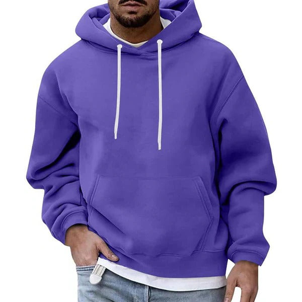 Men's light blue relaxed fit hoodie with front kangaroo pocket and adjustable drawstring hood