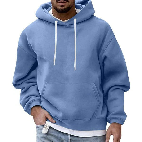 Men's light blue relaxed fit hoodie with front kangaroo pocket and adjustable drawstring hood