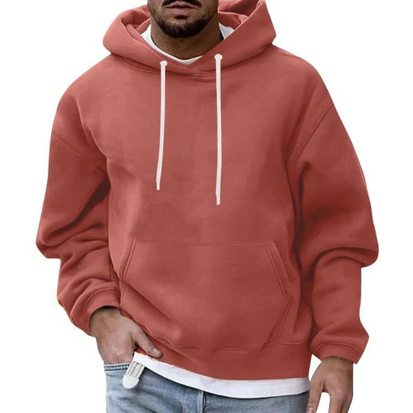 Men's light blue relaxed fit hoodie with front kangaroo pocket and adjustable drawstring hood
