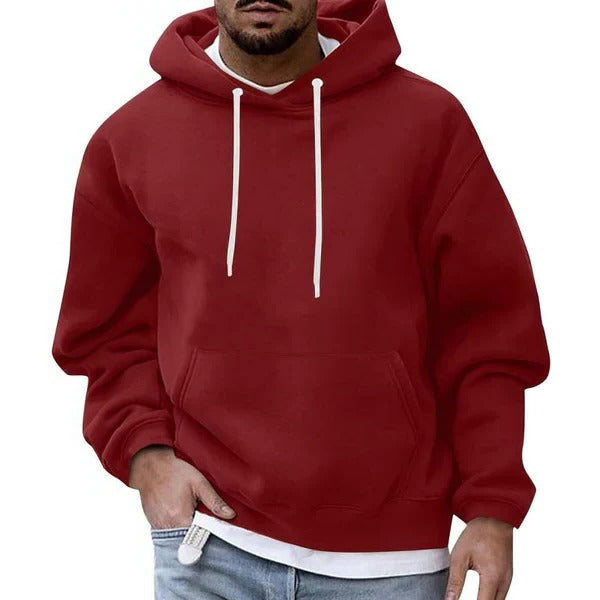 Men's light blue relaxed fit hoodie with front kangaroo pocket and adjustable drawstring hood