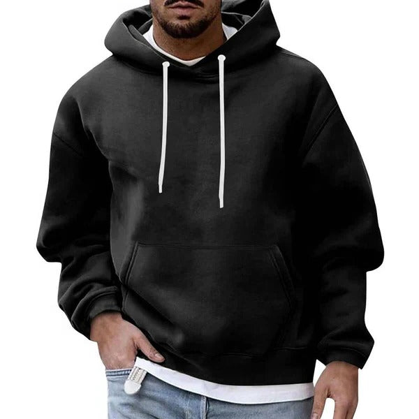 Men's light blue relaxed fit hoodie with front kangaroo pocket and adjustable drawstring hood