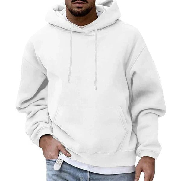 Men's light blue relaxed fit hoodie with front kangaroo pocket and adjustable drawstring hood