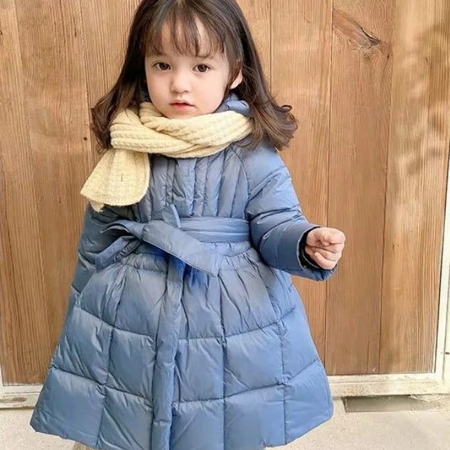 Toddler girls pink hooded puffer coat with belt, insulated winter style dressy silhouette