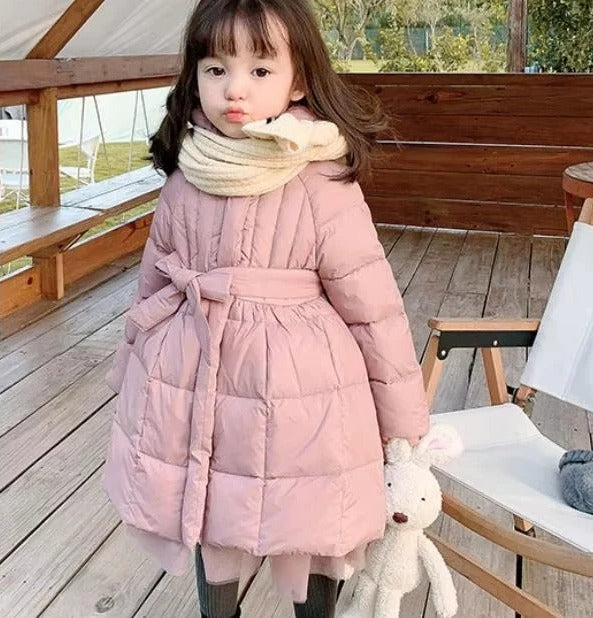 Toddler girls pink hooded puffer coat with belt, insulated winter style dressy silhouette