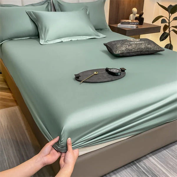 Soft fitted bed sheets in neutral tones, smooth breathable fabric with deep elastic edges for secure fit