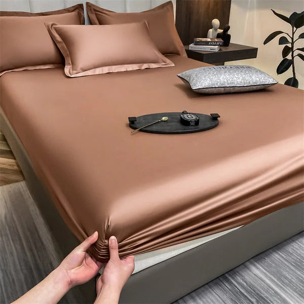 White fitted bed sheets with elastic edges, soft breathable fabric for deep mattresses, smooth finish