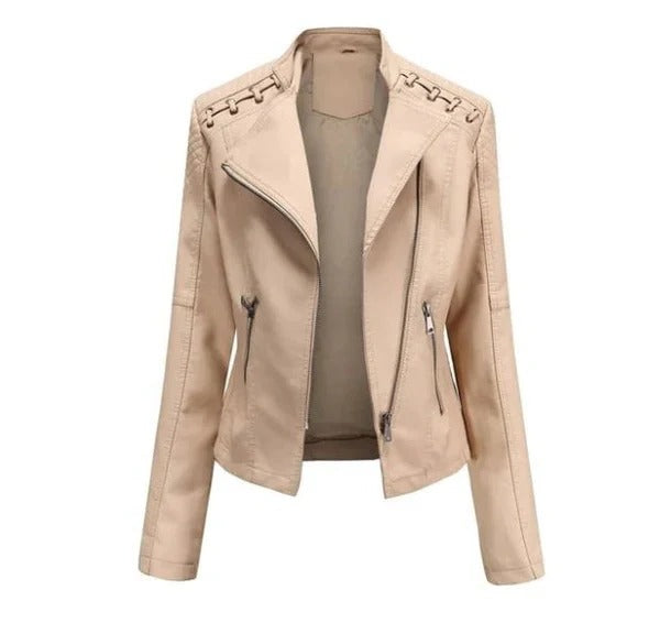 Women's brown vintage leather jacket tailored fit structured silhouette everyday chic style