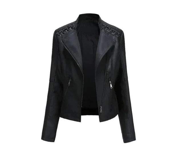 Women's brown vintage leather jacket tailored fit structured silhouette modern everyday chic
