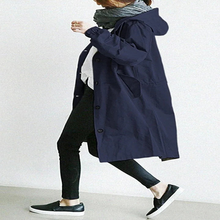 Women's water-resistant hooded overcoat, elegant long-cut silhouette with durable weather-repellent finish