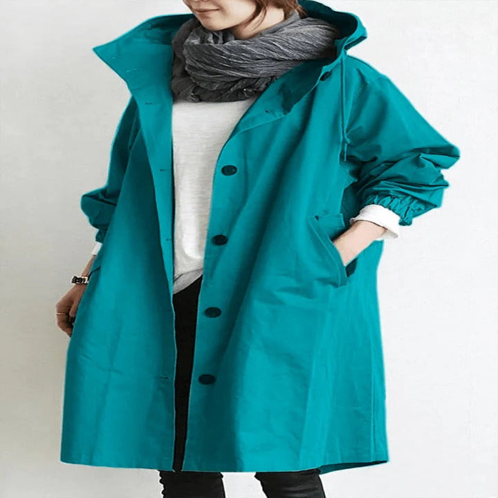 Women's water-resistant hooded overcoat, elegant longline silhouette with DWR coating for light rain