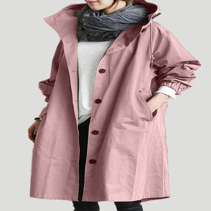 Women's water-resistant hooded overcoat, elegant longline silhouette with DWR-treated fabric