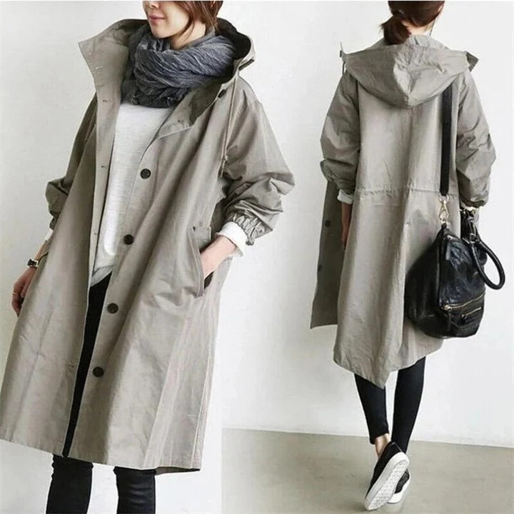 Women's water-resistant hooded overcoat, elegant longline silhouette with durable weather-repellent finish