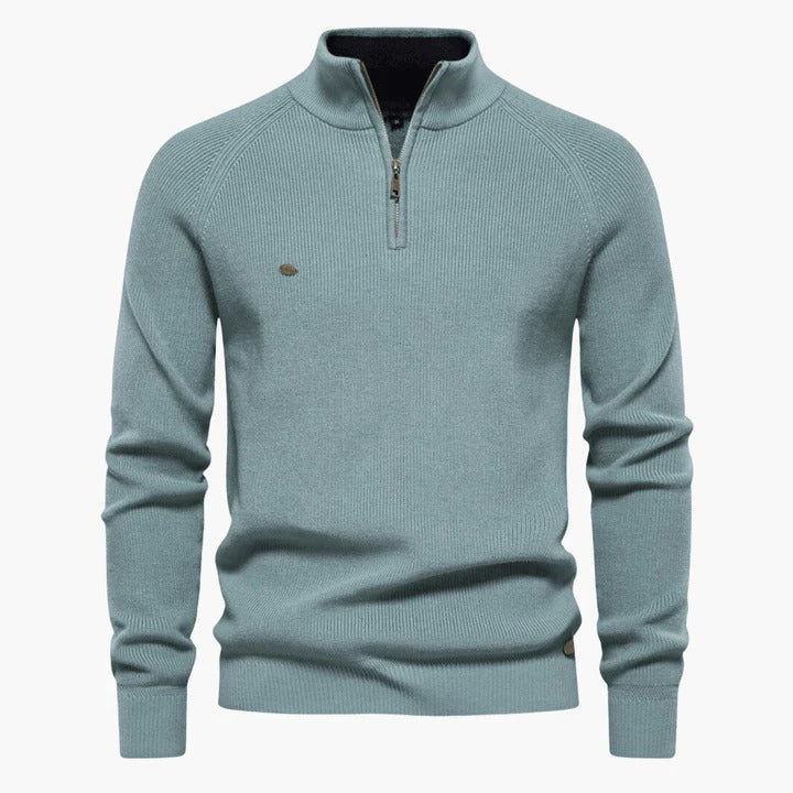 Men's navy knit sweater quarter-zip stand collar versatile slim fit for professional casual wear