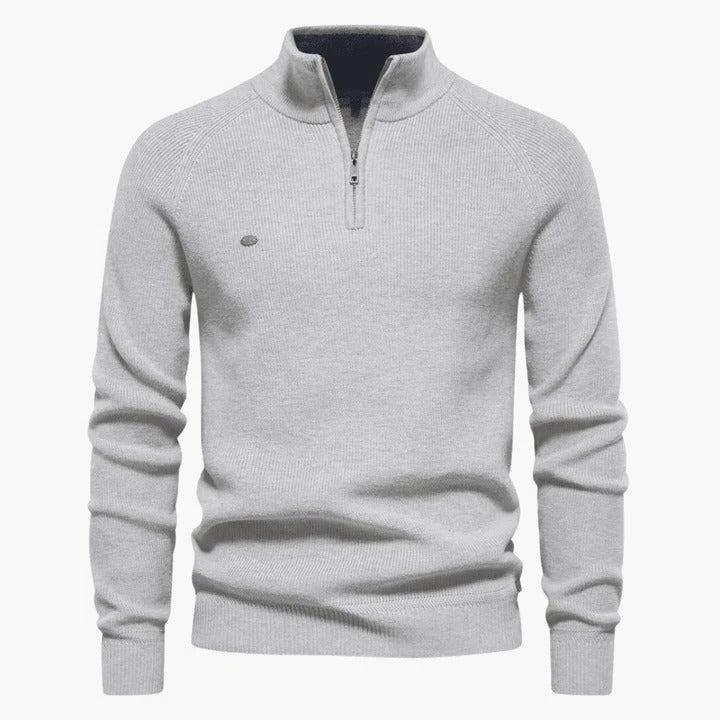 Men's navy knit sweater quarter-zip stand collar slim fit versatile professional casual style
