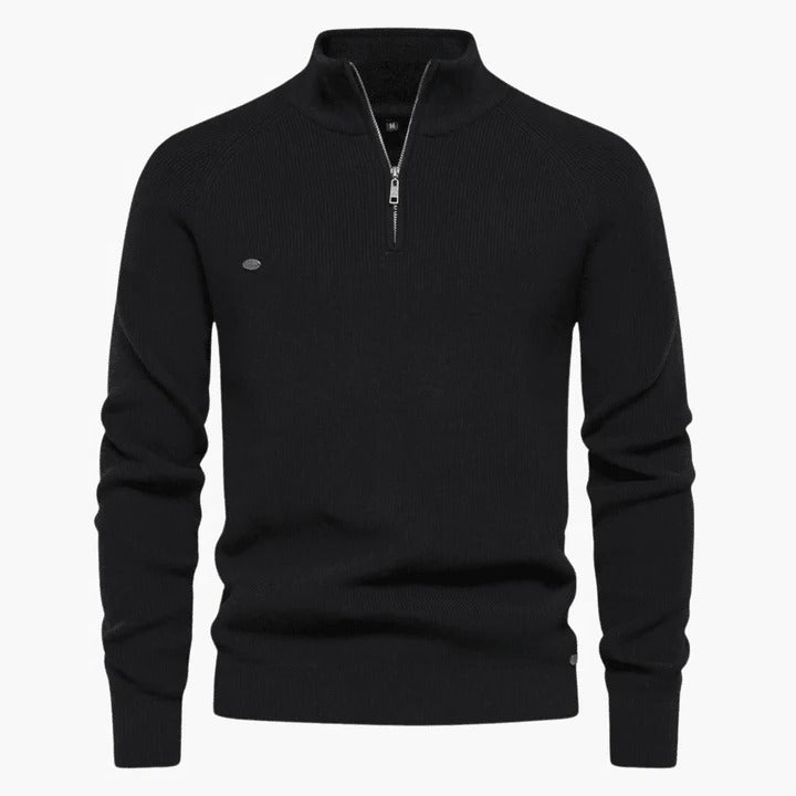 Men's navy knit sweater quarter-zip stand collar slim fit versatile professional casual style
