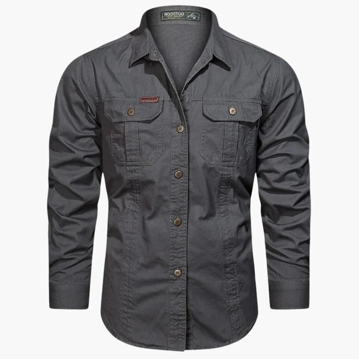 Men's khaki long sleeve cargo shirt relaxed straight fit with dual front chest pockets