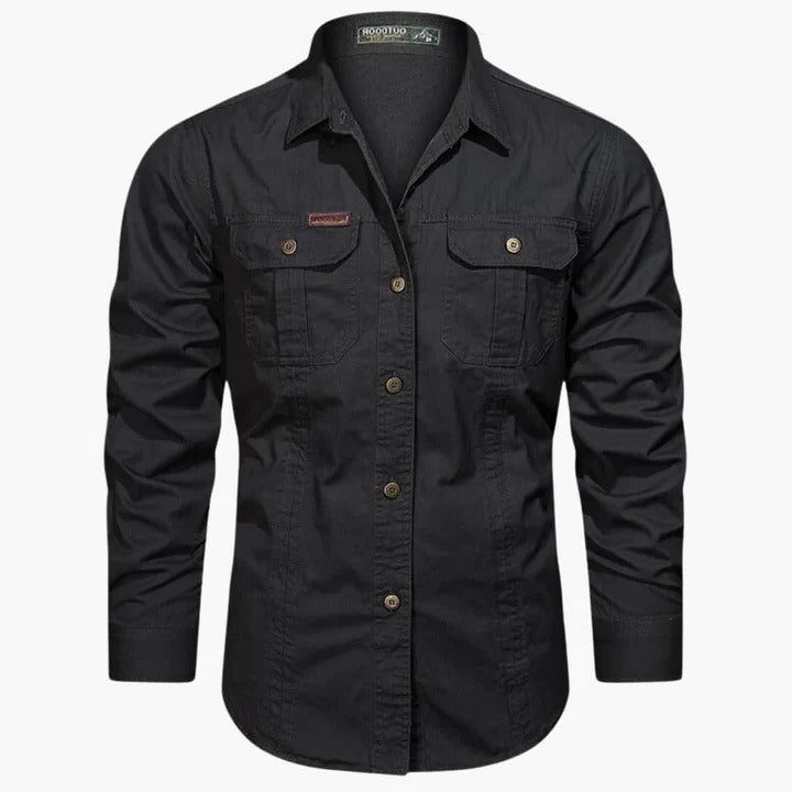 Men's khaki long sleeve cargo shirt relaxed straight fit with dual front chest pockets