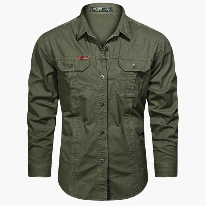 Men's khaki long sleeve cargo shirt relaxed straight fit with dual front chest pockets