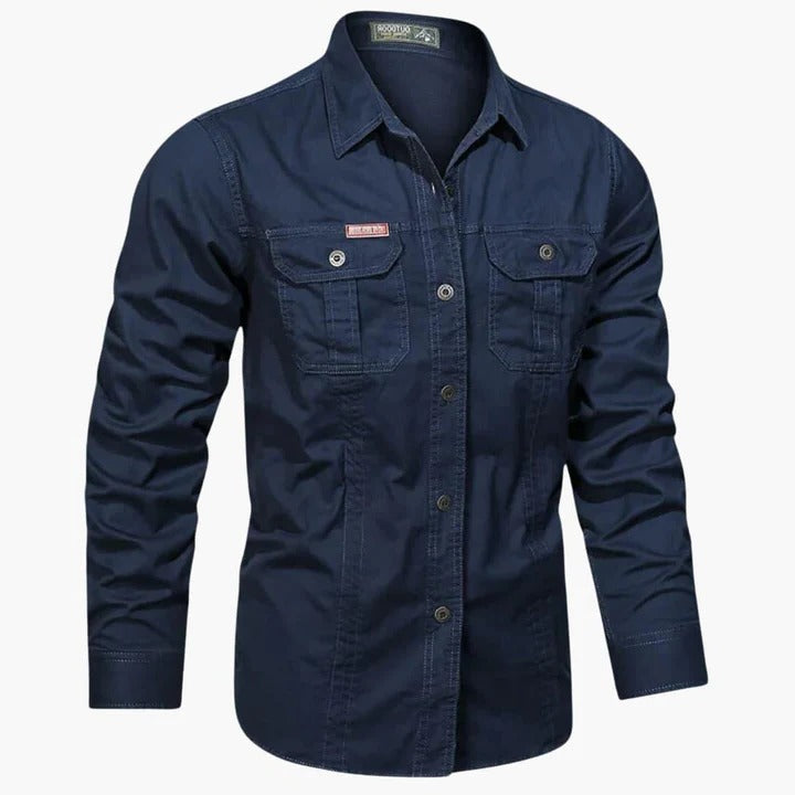 Men's khaki long sleeve cargo shirt relaxed straight fit with dual front chest pockets