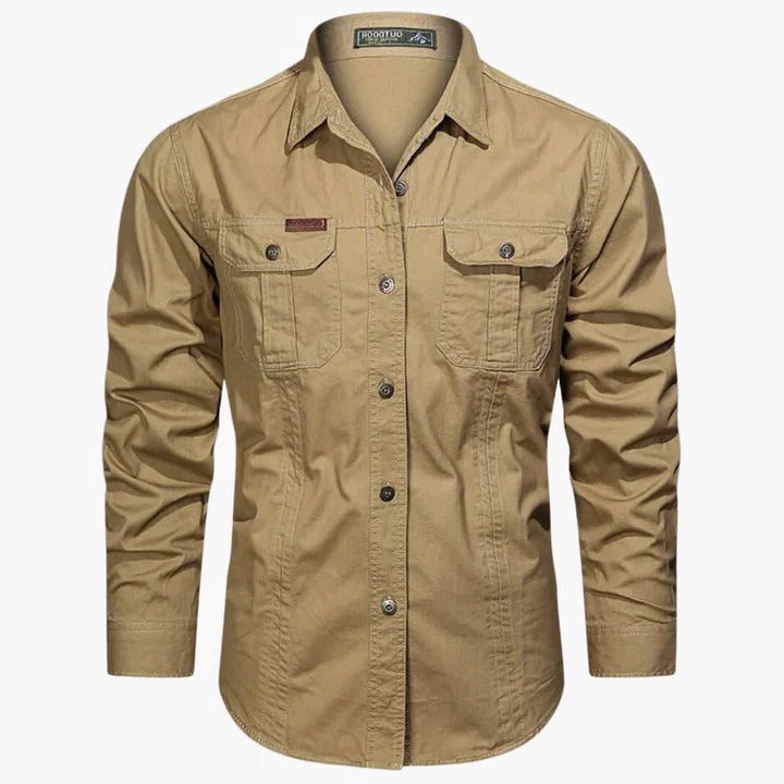 Men's khaki long sleeve cargo shirt relaxed straight fit with dual front chest pockets
