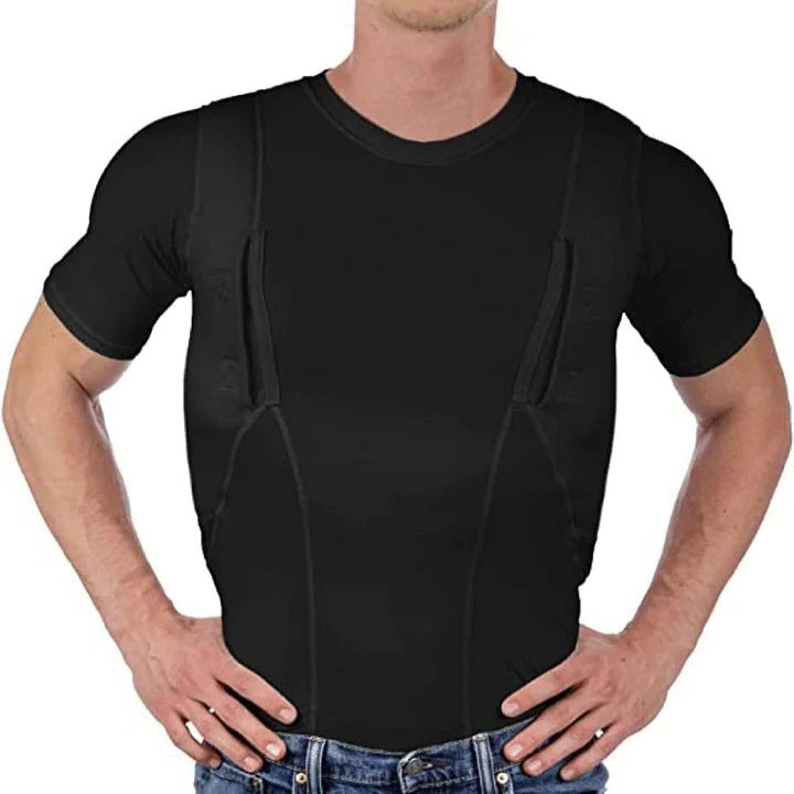 Unisex black supportive holster t-shirt with dual hidden concealed carry pockets for ambidextrous use