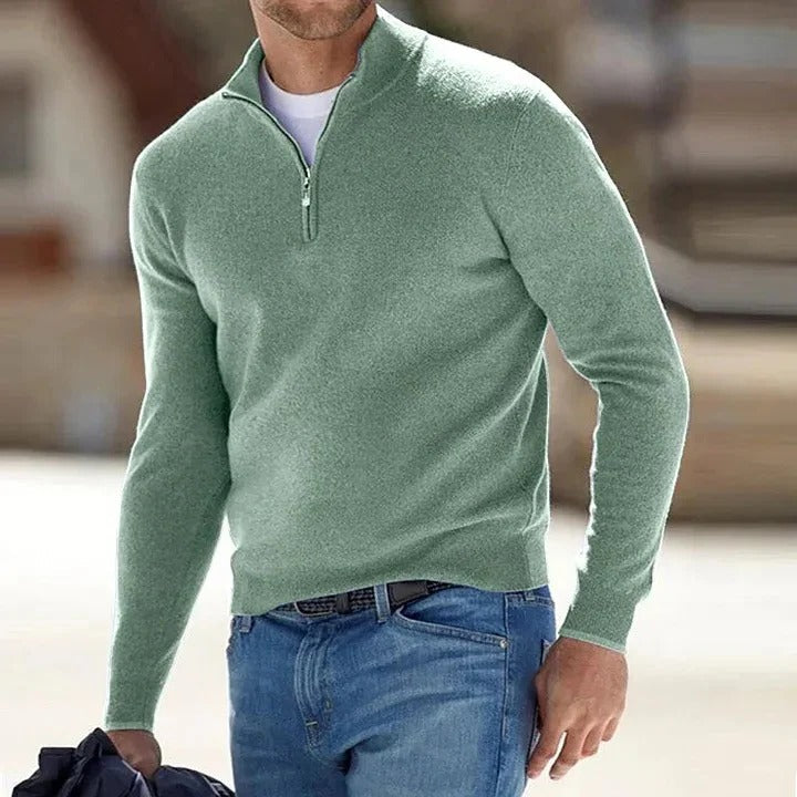 Men's gray cashmere zip-up sweater slim fit lightweight business casual with full-length zipper