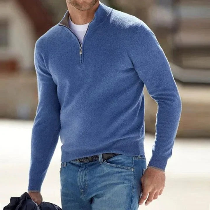 Men's cashmere zip-up sweater slim fit soft breathable knit for business casual everyday wear