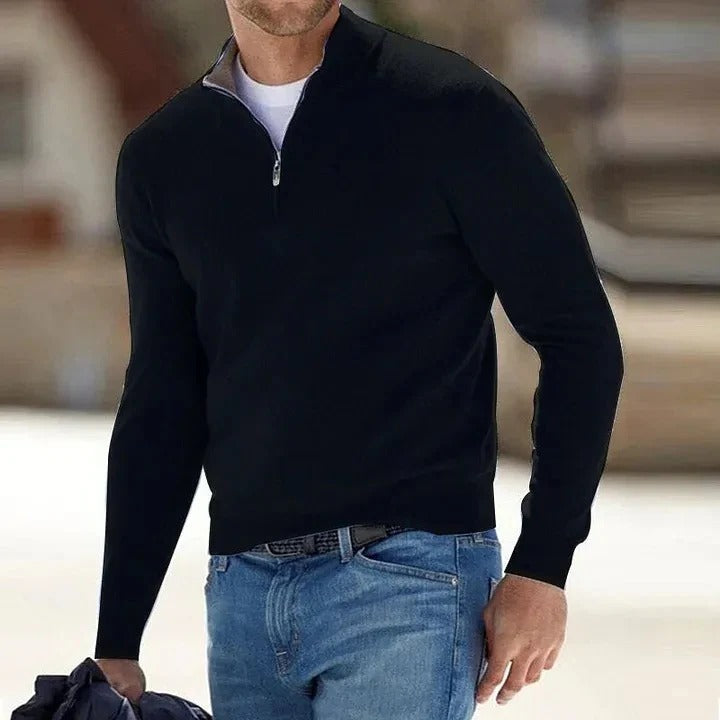 Men's cashmere zip-up sweater in neutral tone, slim business casual fit with clean zip collar