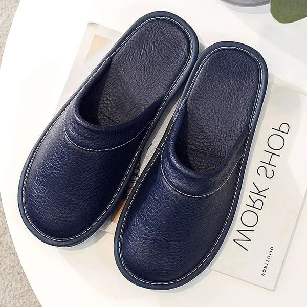 Leather slip-on slippers smooth finish supportive sole casual home office everyday comfort