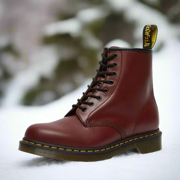 Men's brown leather lace-up ankle boots with bold yellow contrast stitch detailing