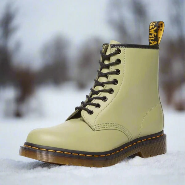 Men's brown leather lace-up ankle boots with bold yellow contrast stitching detail