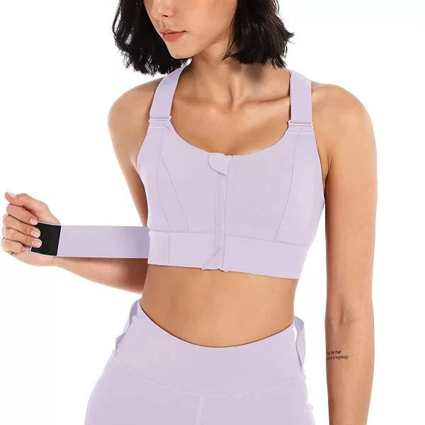 Women's high impact sports bra with adjustable straps, front-zip closure, supportive fit for active wear
