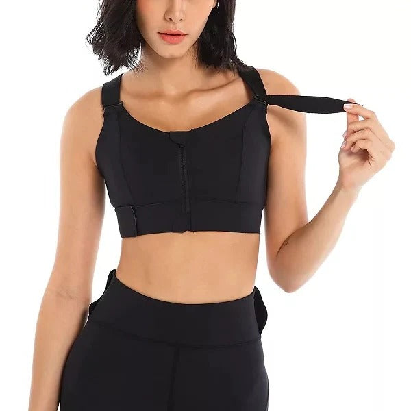 Women's high impact sports bra with adjustable straps, front-zip closure, moisture-wicking support