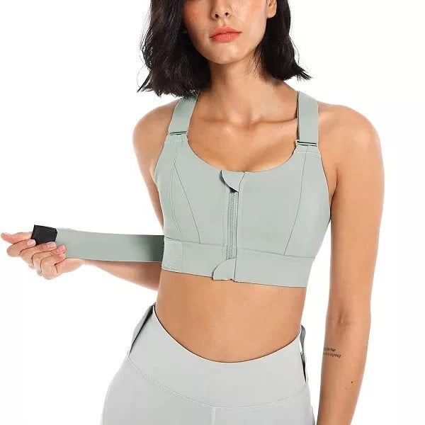 Women's high impact black sports bra with adjustable straps and front-zip closure for active support
