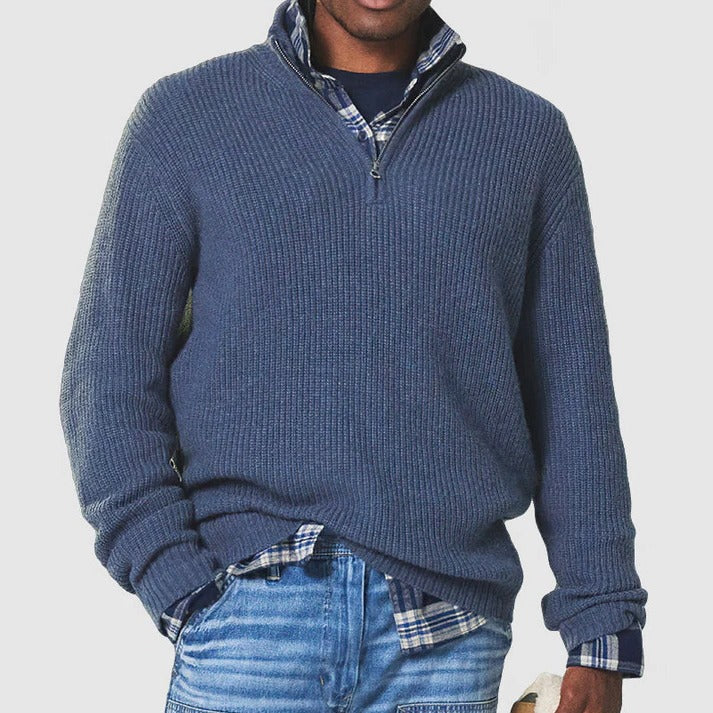 Men's half-zip ribbed knit sweater classic structured cut versatile everyday warmth essential