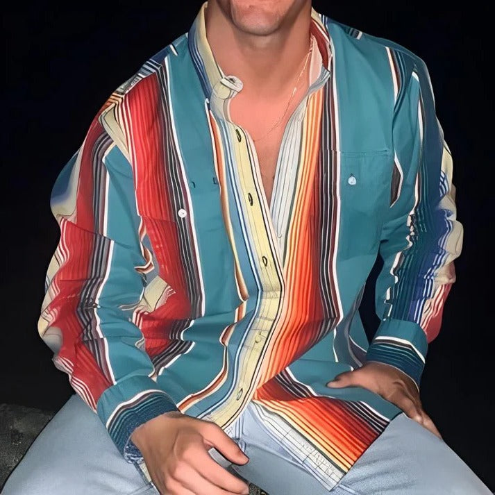 Men's retro color block stripe shirt loose fit long sleeve casual top bold vintage pattern