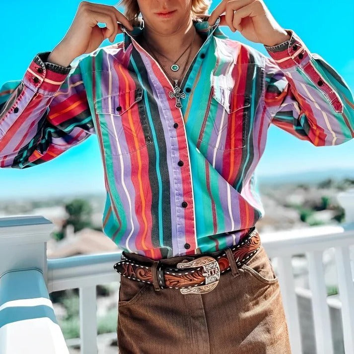 Men's retro color block stripe shirt loose fit long sleeve casual top bold pattern
