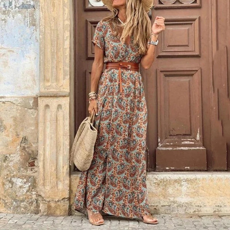 Women's short-sleeve v-neck summer dress regular fit flattering silhouette casual warm-weather style